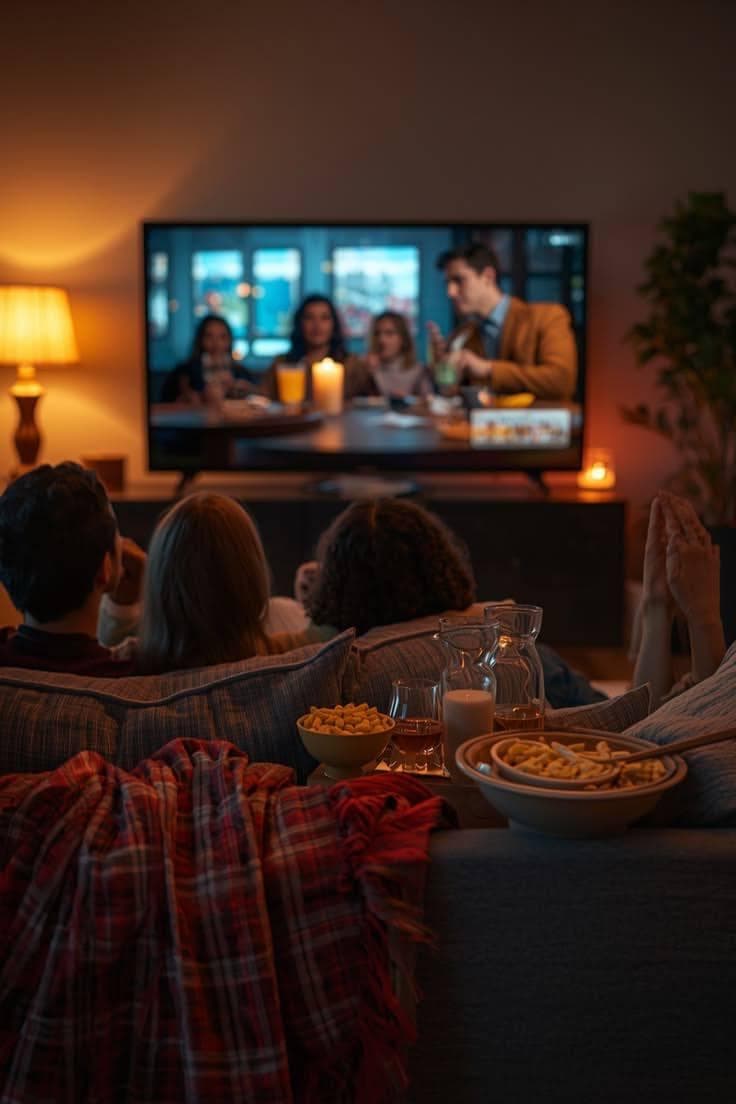 Family sitting together on a couch watching a movie at home